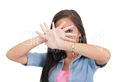 Confident woman making stop gesture sing with hand
