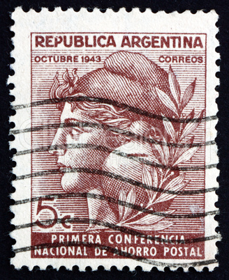 Postage stamp Argentina 1943 Liberty Head and Savings Bank