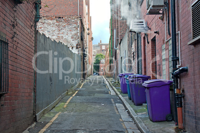 Rubbish bins lined up in narrow cobblestoned alley