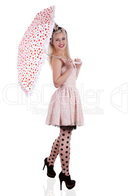 Beautiful pin-up girl with umbrella, isolated on white