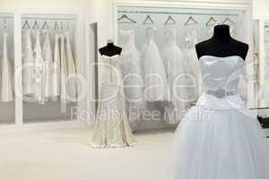 Collection of wedding dresses in the shop