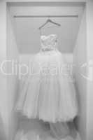 Wedding dress on a hanger in black and white