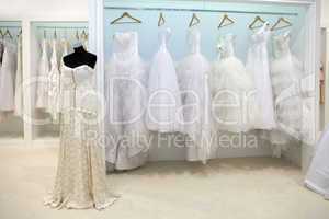 Collection of wedding dresses in the shop