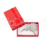 Beautiful silver brooch in a red gift box, isolated on white