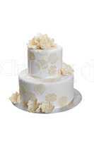 elegant wedding cake with beige flowers, isolated on white