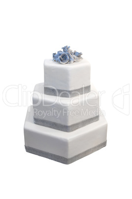 three tiered wedding cake decorated with diamonds, isolated on w
