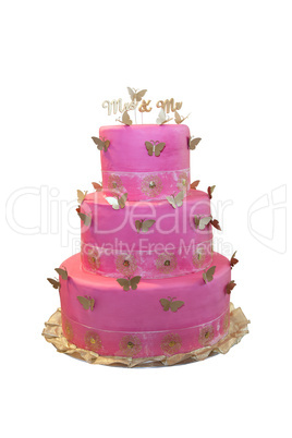 Pink wedding cake with butterflies isolated on white