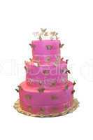 Pink wedding cake with butterflies isolated on white