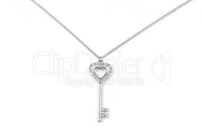 Silver key pendant necklace, Isolated on white