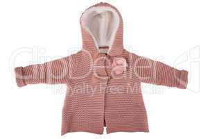 Knitted baby jacket with a fur hood isolated on white