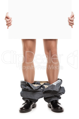 man with pants down holding blank placard