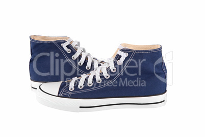 Pair of new blue sneakers on white background