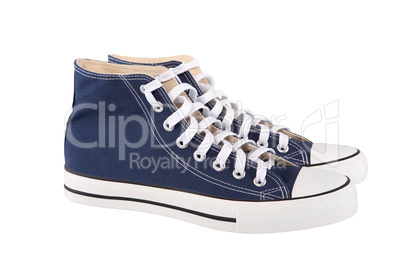 Pair of new blue sneakers on white background