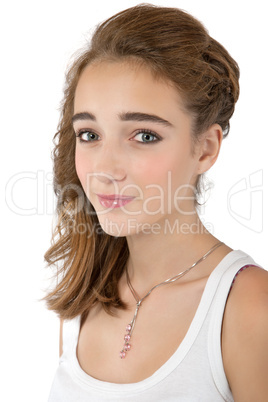 teenage girl wearing makeup, isolated on white