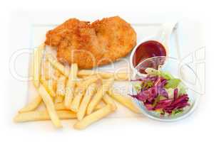 Fried chicken with french fries, ketchup and salad