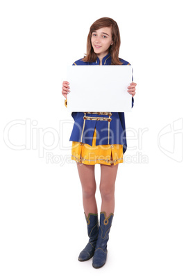 Teen majorette holding blank white paper