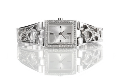 Female silver wrist watch with diamonds