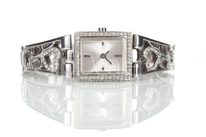 Female silver wrist watch with diamonds