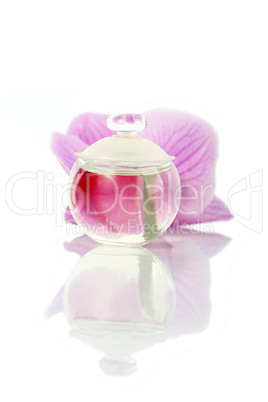 Perfume bottle and orchid flower