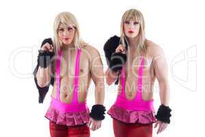 Two transvestites in pink costumes