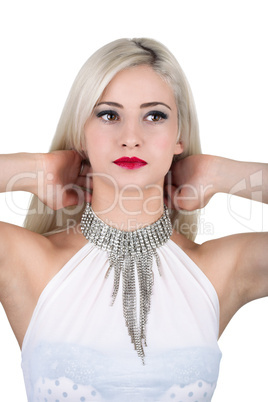 Beautiful young woman with diamond necklace, isolated on white