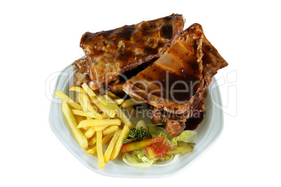 Spareribs and Fries on White Plate