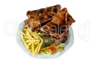 Spareribs and Fries on White Plate