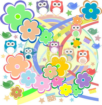 Background with owl, flowers and birds