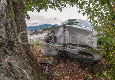car wreck off the road after a fatal accident