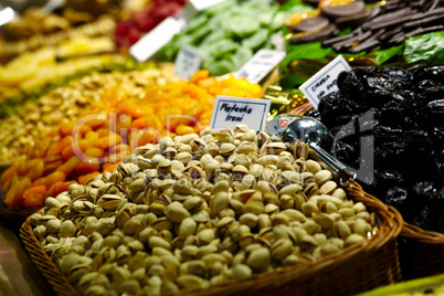 Pistachio and prunes at the La Boqueria market.