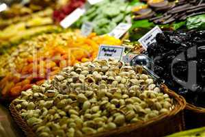 Pistachio and prunes at the La Boqueria market.