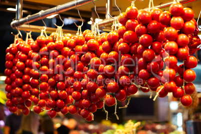 Tomatoes at a stand in the Boqueria Market, in Barcelona, Spain.