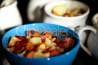 Mutton meat and potatoes, baked in cassolette.