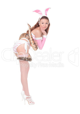 Sexy Woman in Rabbit Costume with Boa