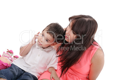 young mother and her son spend time together.  Focus in the litt