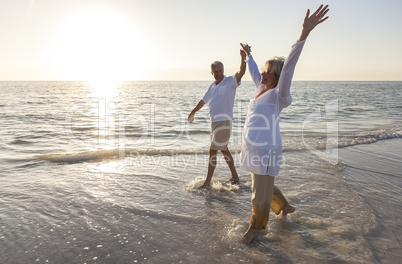 Happy Senior Couple Holding Hands Sunset Sunrise Beach