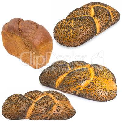 Assortment of different types of bread isolated on white backgro