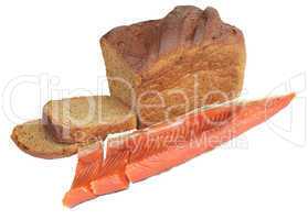 black bread and red fish isolated on white background
