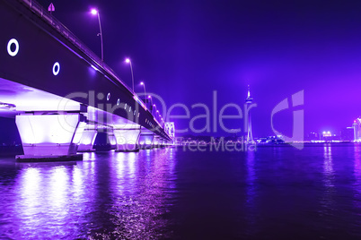 Macau Tower and Sai Van Bridge at night.