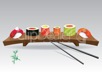 Food sea set. Sushi details of japanese cuisine - ingredients, fish, chopsticks and plate. Vector illustration.