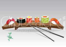 Food sea set. Sushi details of japanese cuisine - ingredients, fish, chopsticks and plate. Vector illustration.