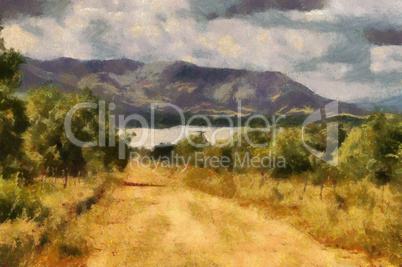 Gravel Road Leading to Dam Painting