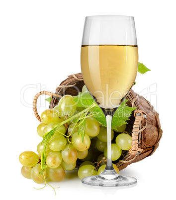 White wine and  grapes in a basket