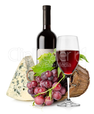 Wine cheese and grape in basket