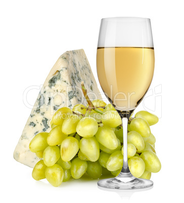 Wineglass cheese and grapes isolated