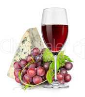 Wineglass, cheese and grapes