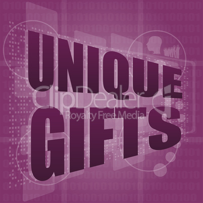 unique gifts text on digital touch screen - holiday concept