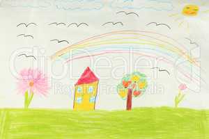 Children's drawing with house and flowers