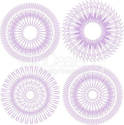 Set of four guilloche rosette isolated on white