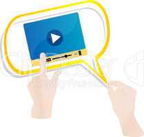 business man hand push start button on touch screen to run video clip